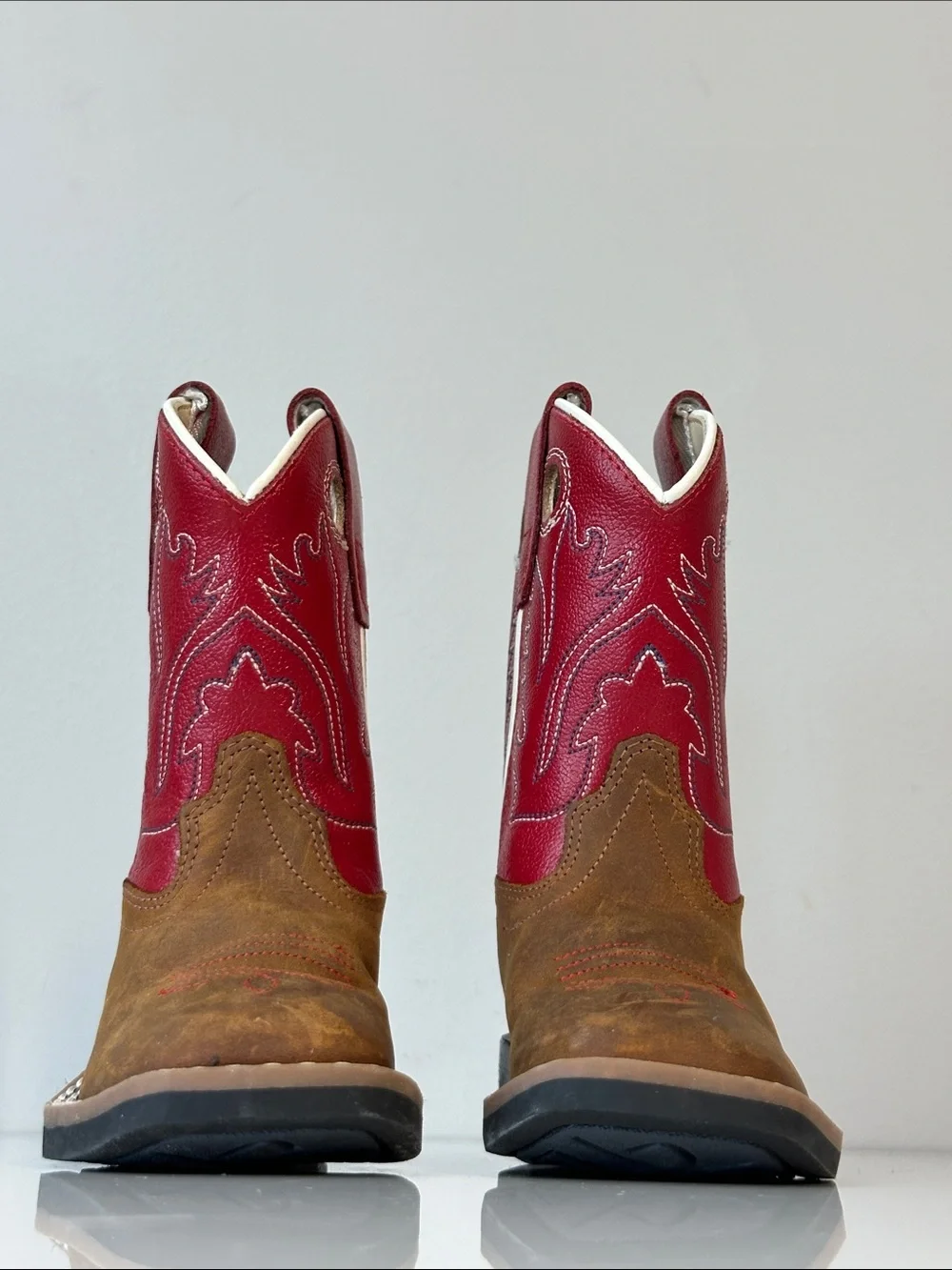 Old West Red Kids Distress Leather Broad Square Toe Cowboy Boots Size 4 Western